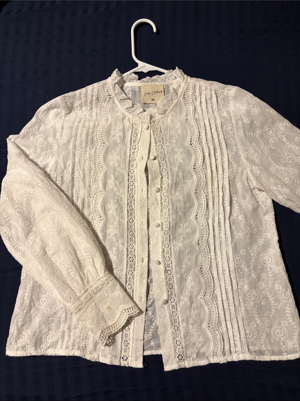 Ecru Crochet Lace Button-Down Blouse with Pintuck Detail